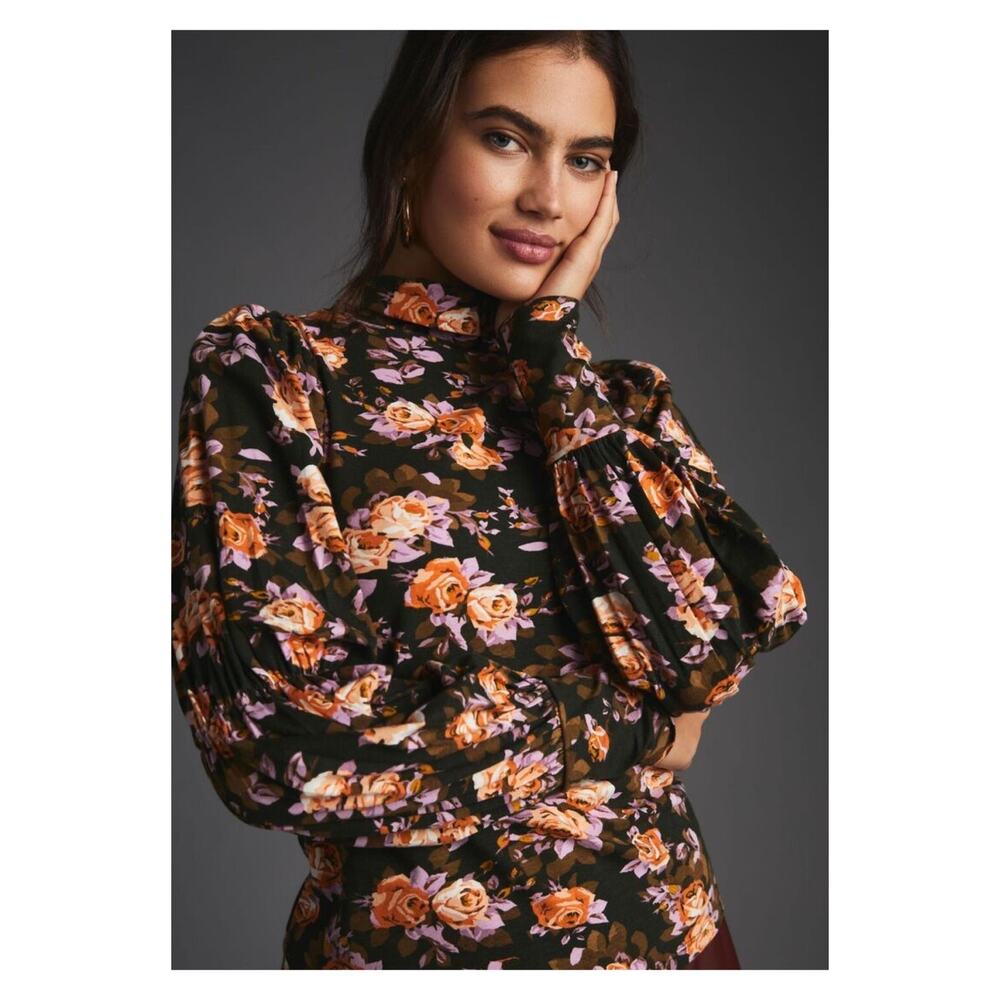 Anthropologie Brown Orange&Purple Floral Puff Sleeve Blouse Sz.S